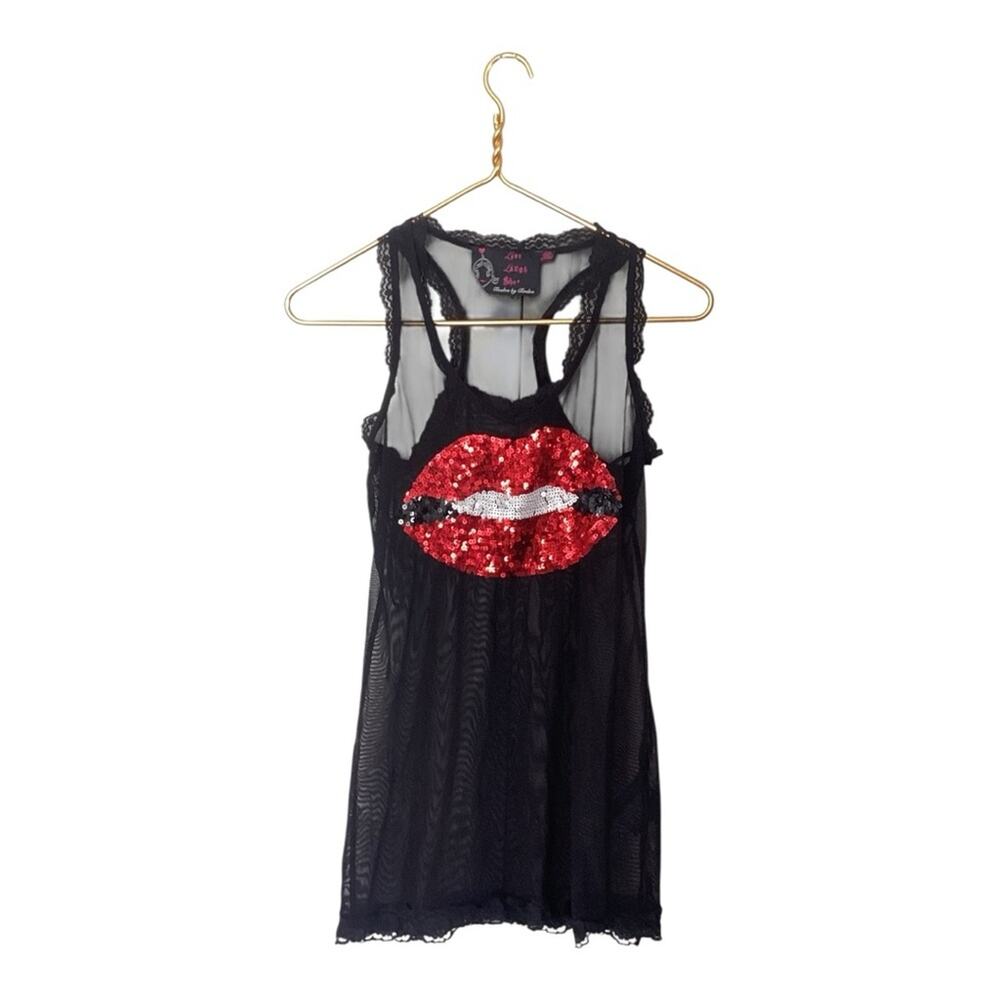 Twelve by twelve Red Lip Smile Sequins Sheer Lace Tank Top M